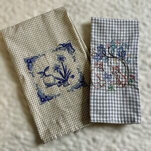 VTG‎ Dunroven House Cotton Kitchen Towels Farmhouse Beige Blue Gingham Set of 2